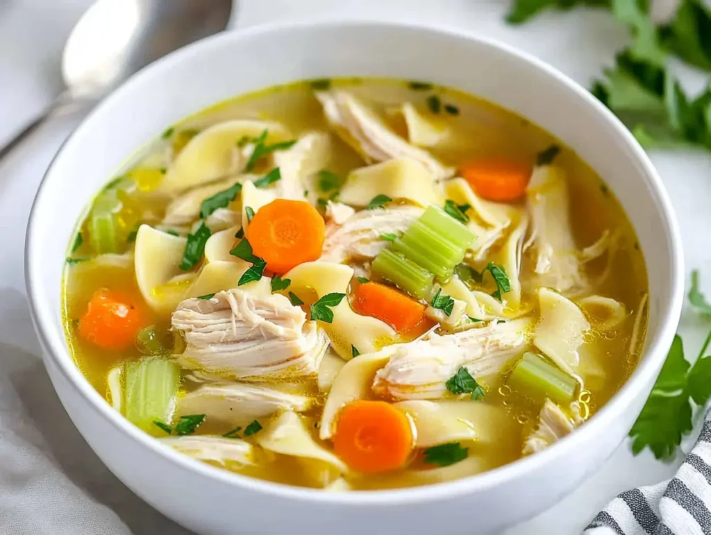 Close-up of a white bowl filled with chicken noodle soup, featuring carrots, celery, wide egg noodles, and garnished with parsley on a white countertop.