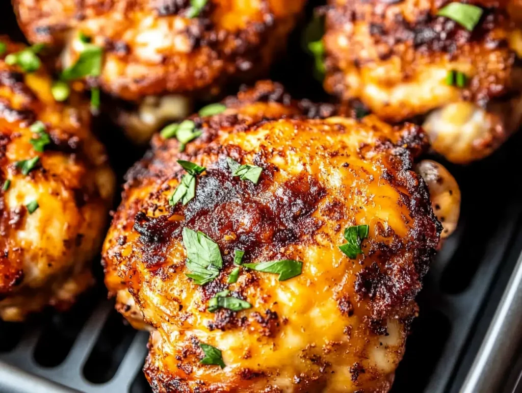 Juicy, golden-brown air fryer chicken thighs garnished with fresh parsley.