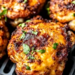 Juicy, golden-brown air fryer chicken thighs garnished with fresh parsley.