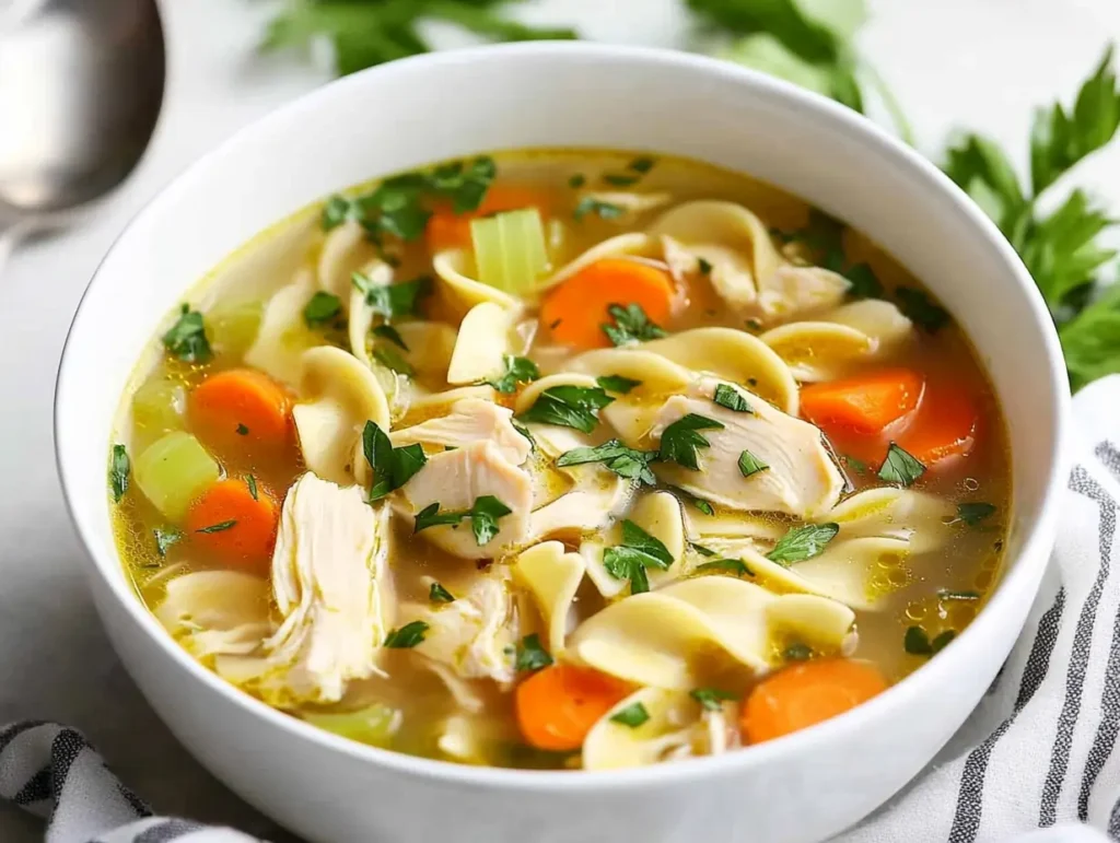 A bowl of homemade chicken noodle soup with chicken, egg noodles, carrots, celery, and fresh parsley in a golden broth.