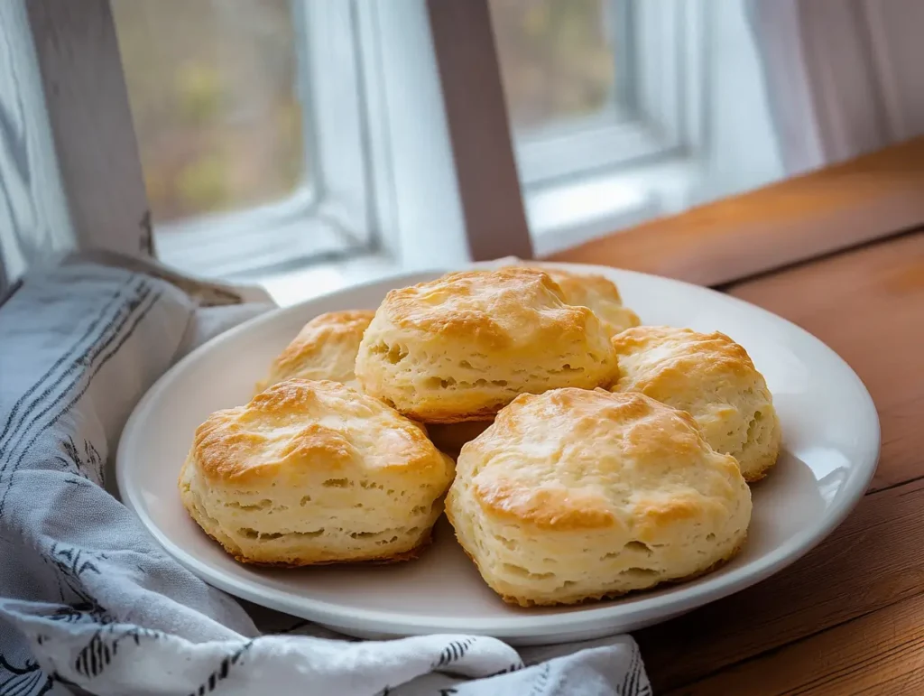 A plate of golden, fluffy biscuits served on a white plate by a sunny window.