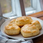 A plate of golden, fluffy biscuits served on a white plate by a sunny window.