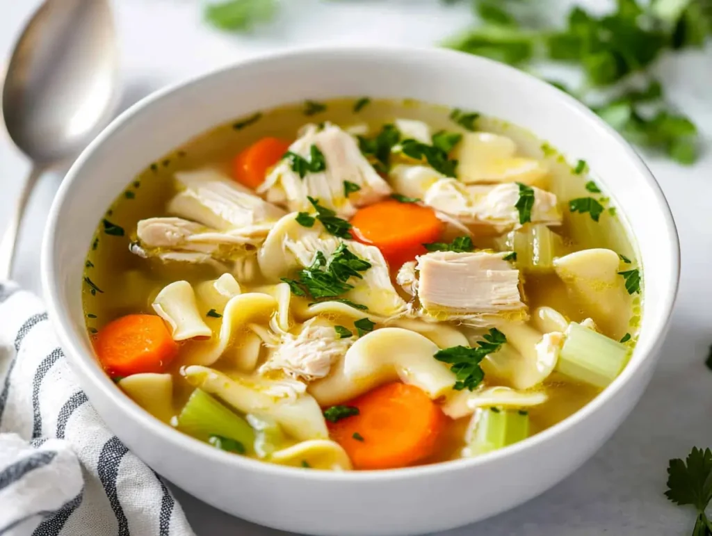 A bowl of homemade chicken noodle soup with chunks of chicken, egg noodles, vegetables, and fresh parsley in a golden broth.