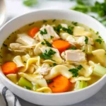 A bowl of homemade chicken noodle soup with chunks of chicken, egg noodles, vegetables, and fresh parsley in a golden broth.