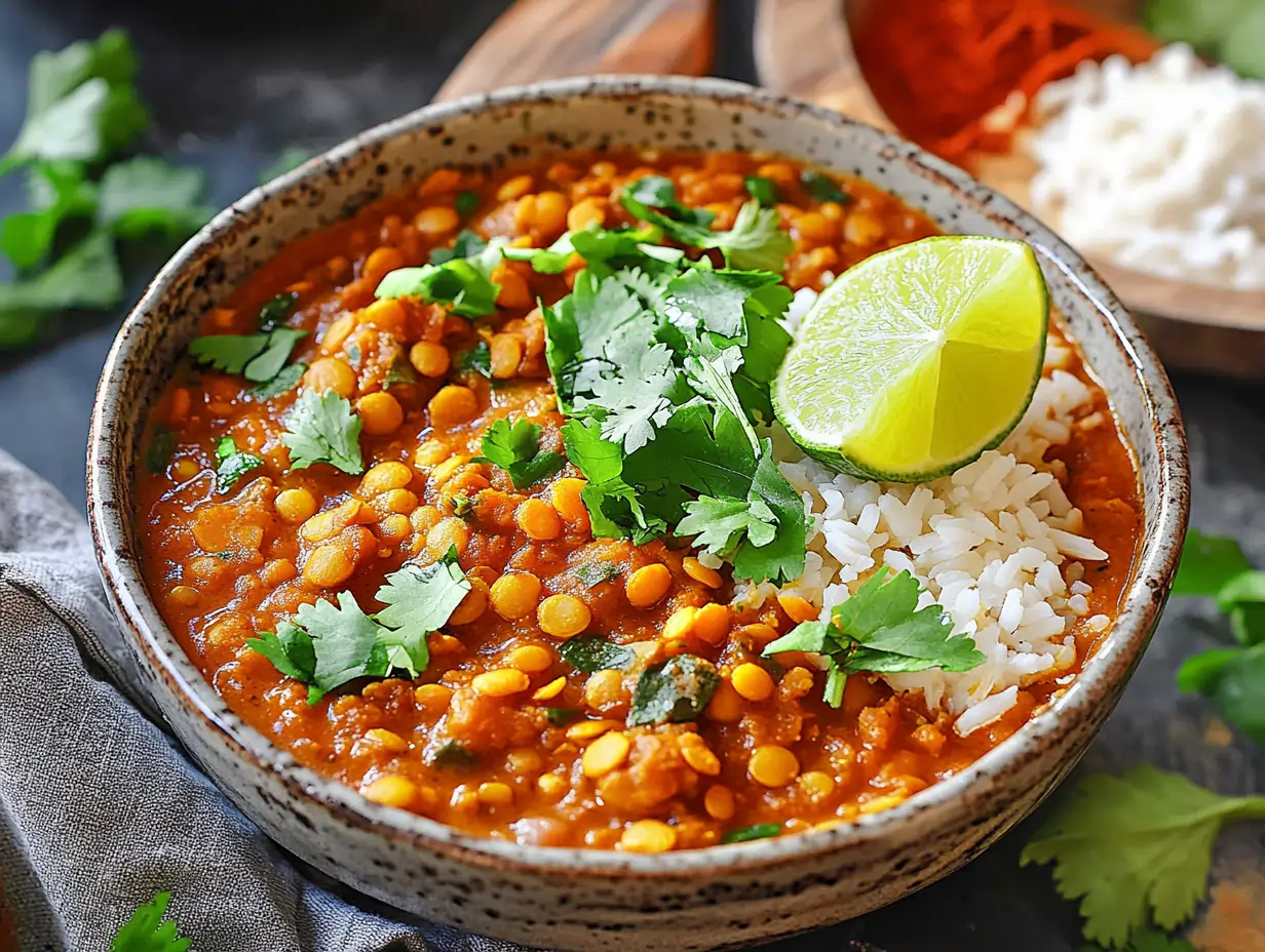 A bowl of creamy vegan lentil curry served with rice and garnished with fresh cilantro