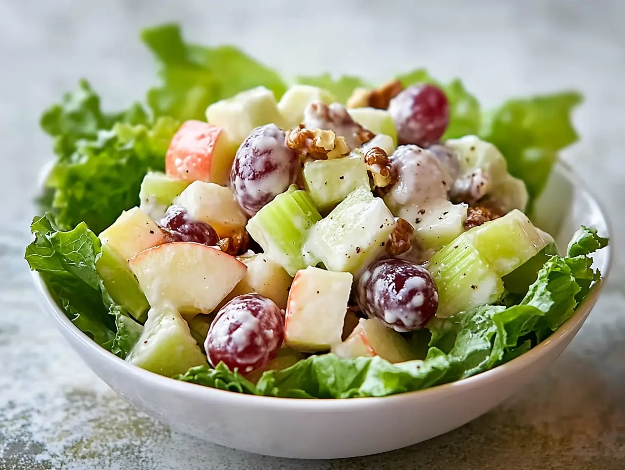 A close-up of a fresh Waldorf salad with apples, grapes, walnuts, and lettuce in a white bowl.