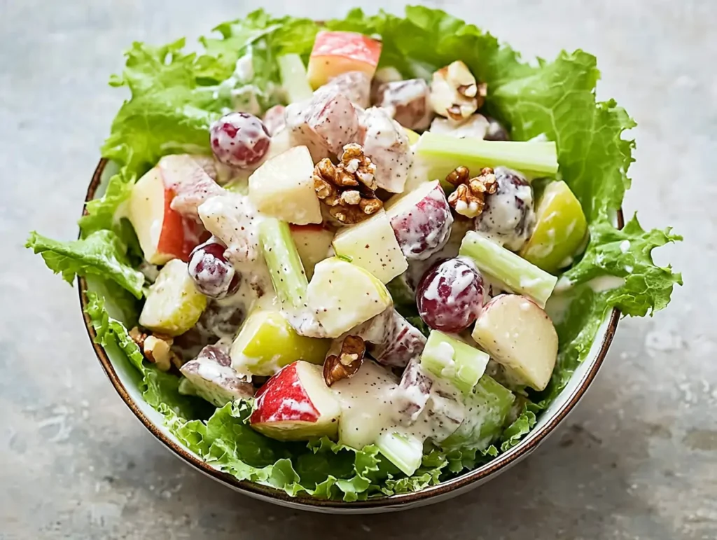 Creamy Waldorf salad with vibrant fruit chunks, walnuts, and a crisp lettuce garnish on a light table.