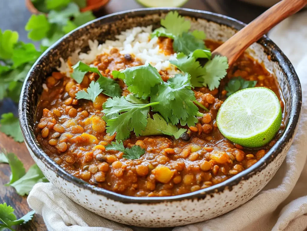 Plate of vegan lentil curry paired with naan bread for a comforting dinner