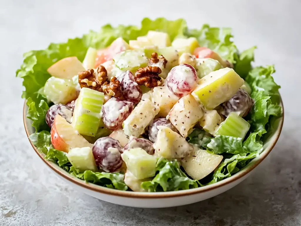 A homemade Waldorf salad featuring colorful ingredients like grapes, apples, and celery in a creamy dressing.
