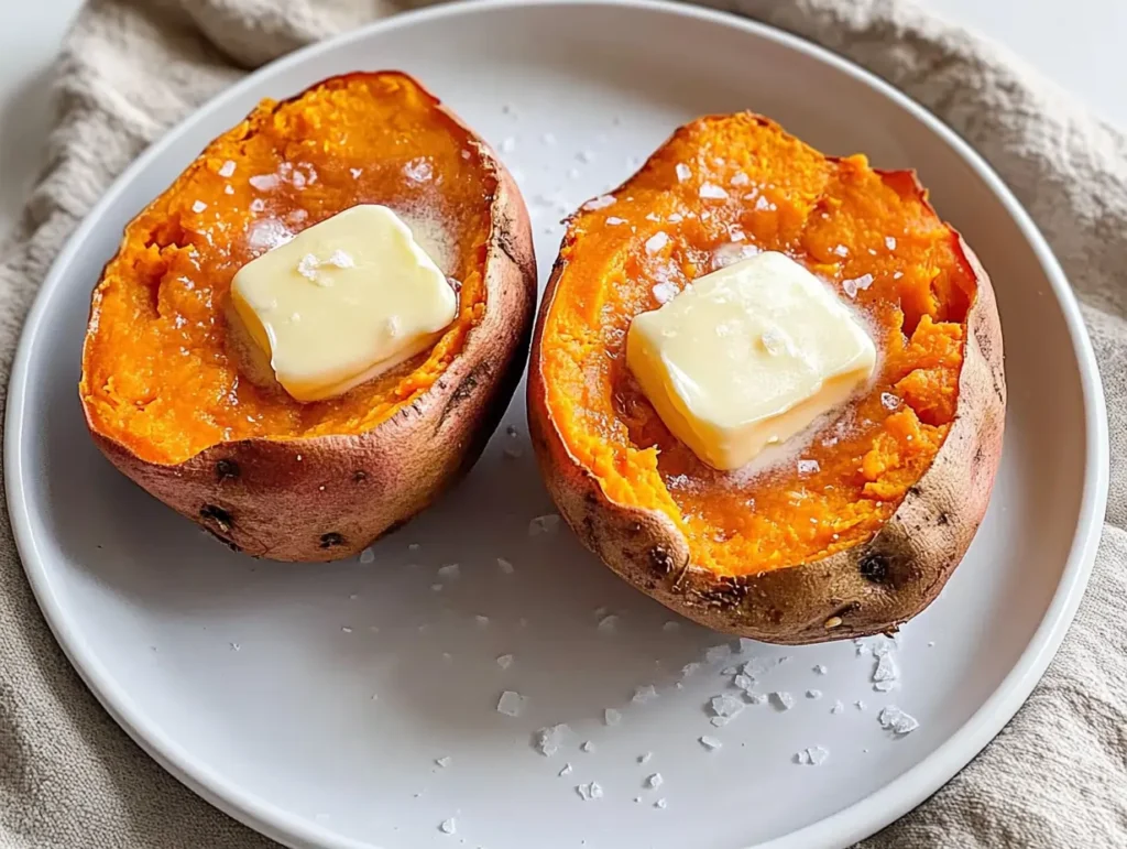 Two perfectly cooked sweet potatoes split open with melted butter and a sprinkle of salt on a white plate.