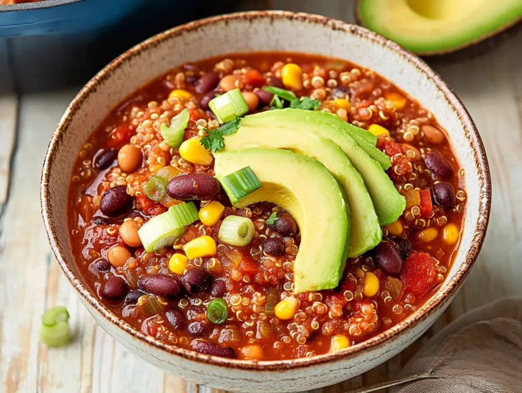 Close-up of a comforting quinoa chili garnished with creamy avocado and herbs