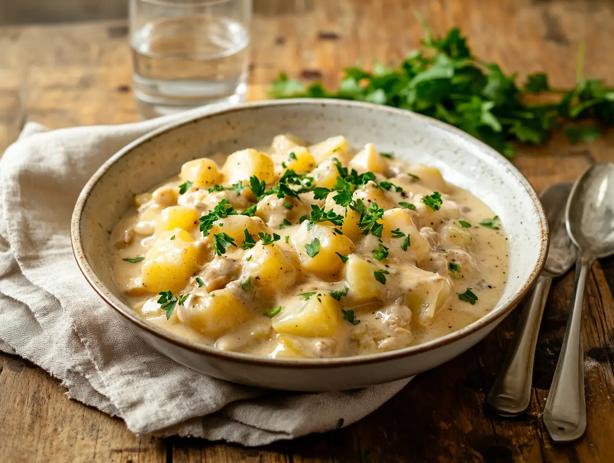 A bowl of creamy Potato Stroganoff garnished with fresh parsley, served on a rustic wooden table