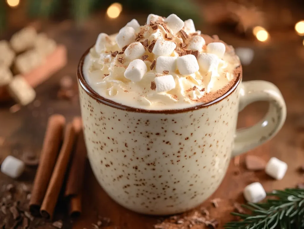 Creamy white chocolate for hot chocolate topped with whipped cream and mini marshmallows in a speckled mug.