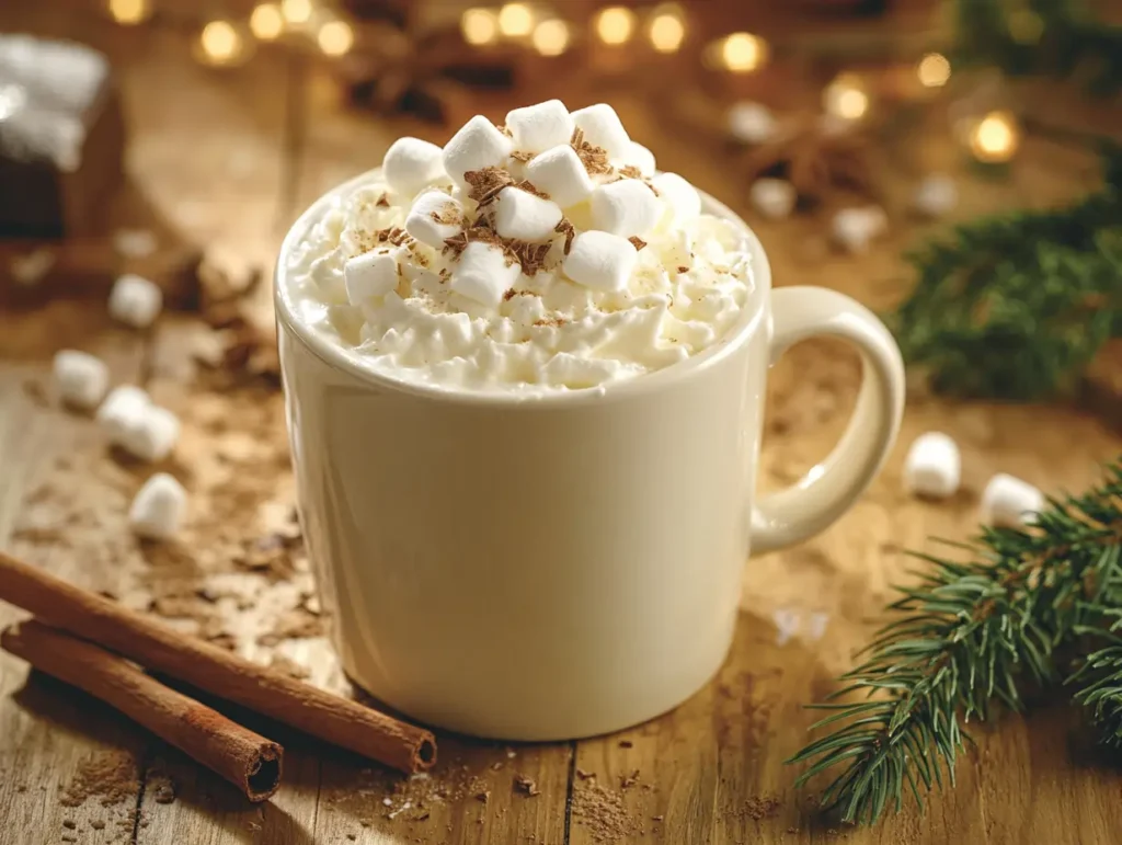 Rustic mug of white chocolate for hot chocolate garnished with marshmallows, chocolate shavings, and cinnamon sticks