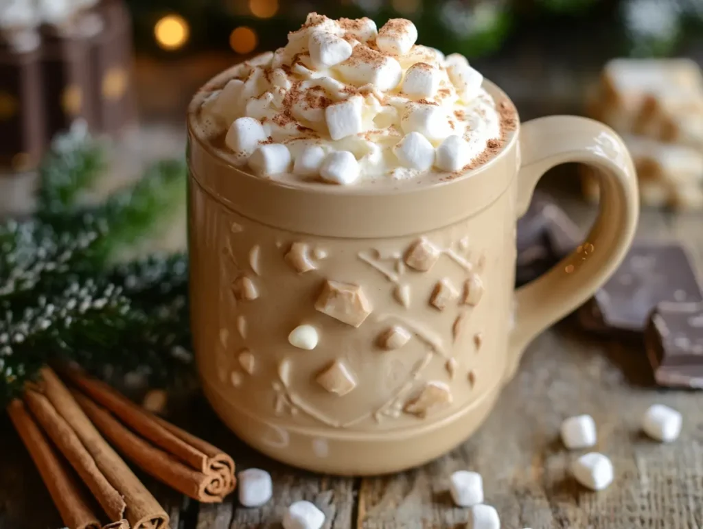 Warm white chocolate for hot chocolate in a cozy holiday setting with whipped cream and festive decor