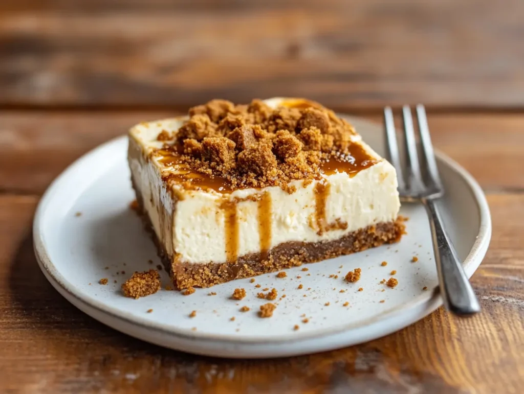 Close-up of a Biscoff cheesecake bar slice on a white plate, topped with crushed cookies and caramel drizzle