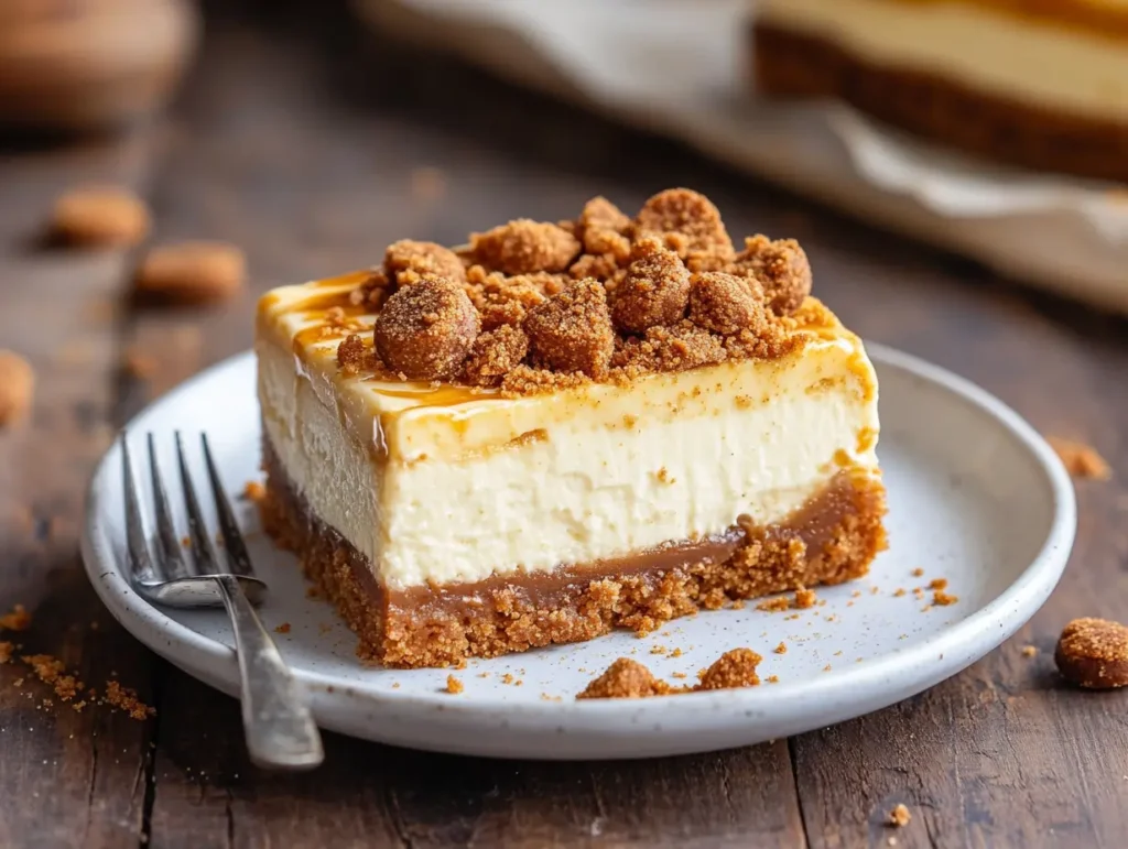 Biscoff Cheesecake Bars slice with a golden crust, creamy cheesecake layer, and melted Biscoff topping