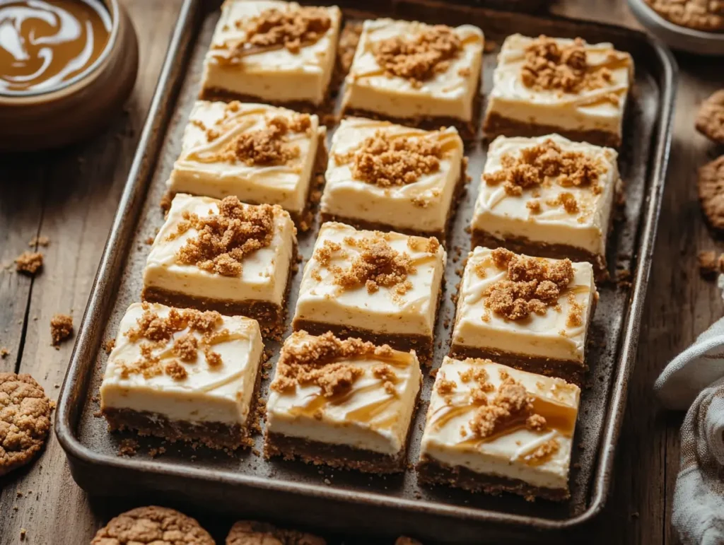 A single slice of Biscoff Cheesecake Bars with a cookie crust and creamy filling, drizzled with Biscoff spread