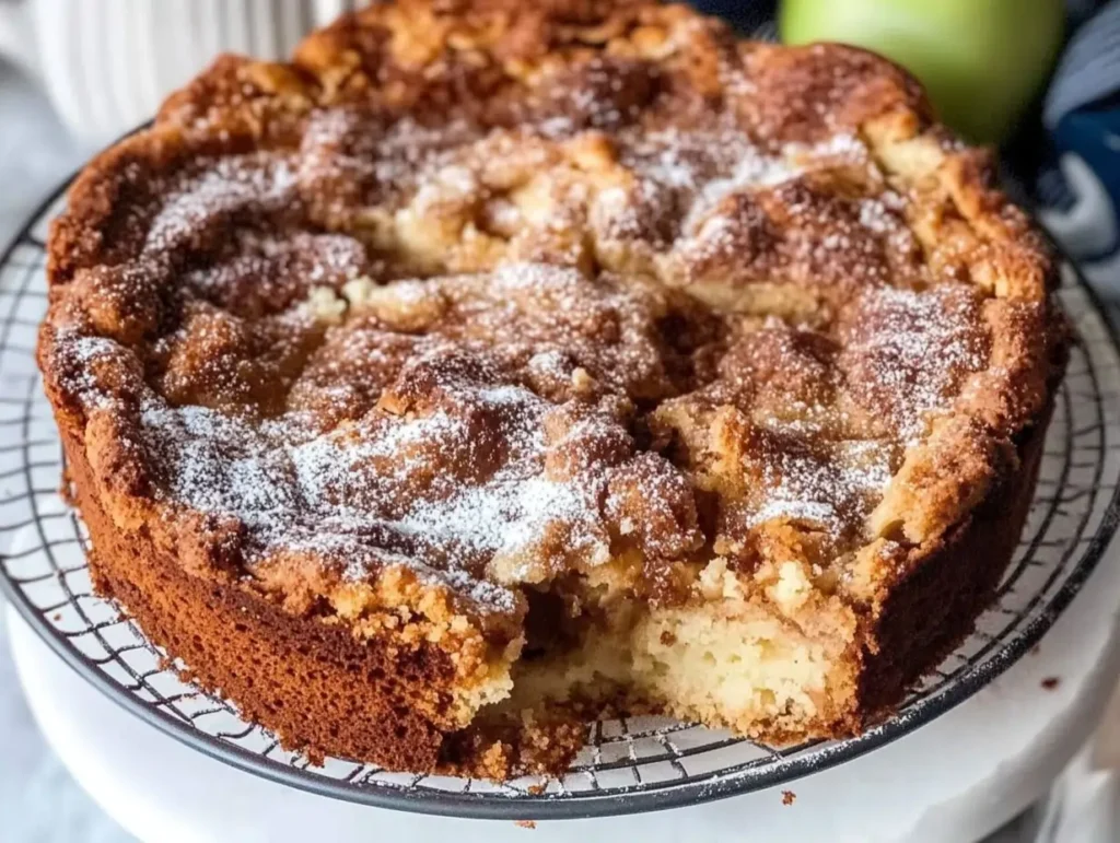 A freshly baked apple coffee cake with a golden brown, crumbly top dusted with powdered sugar. A slice is missing, revealing the soft, moist interior.