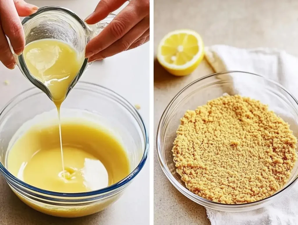 Hands pouring condensed milk into a bowl on the left, and a prepared bowl of graham cracker crumbs on the right, with a lemon and white cloth in the background.

