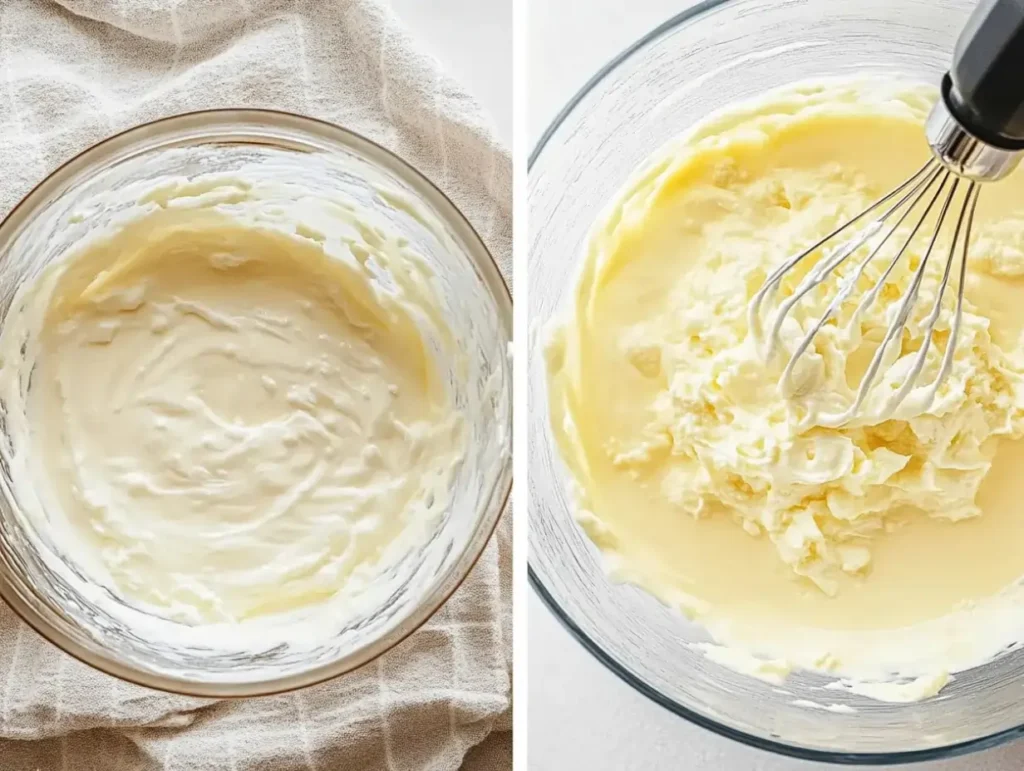 A bowl of smooth cheesecake batter on the left, and a bowl with partially mixed cream cheese and condensed milk being whisked on the right.