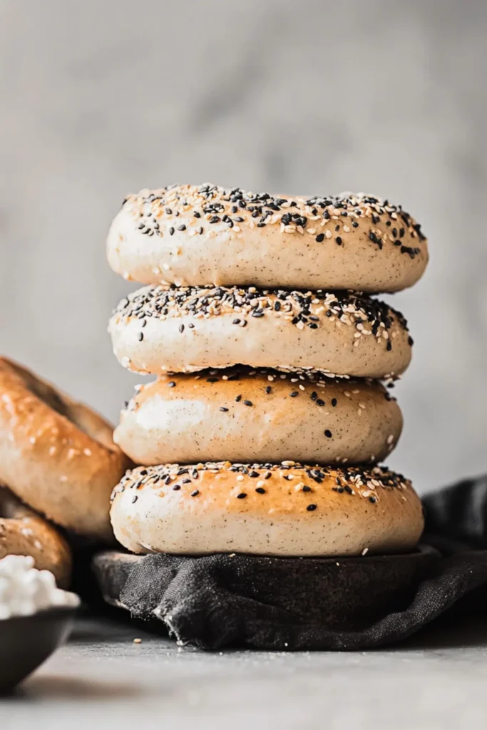 Stack of four homemade high-protein bagels topped with everything bagel seasoning, placed on a dark cloth.

