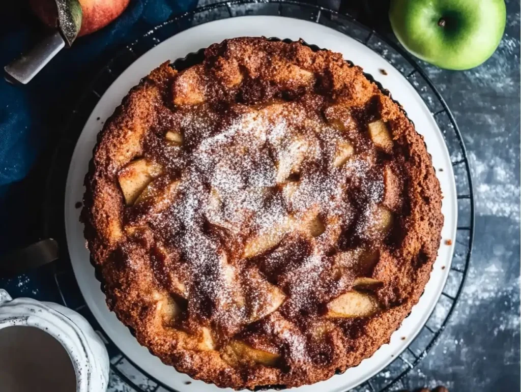 A beautifully baked apple coffee cake, topped with cinnamon sugar and powdered sugar, served on a white plate with fresh apples in the background.