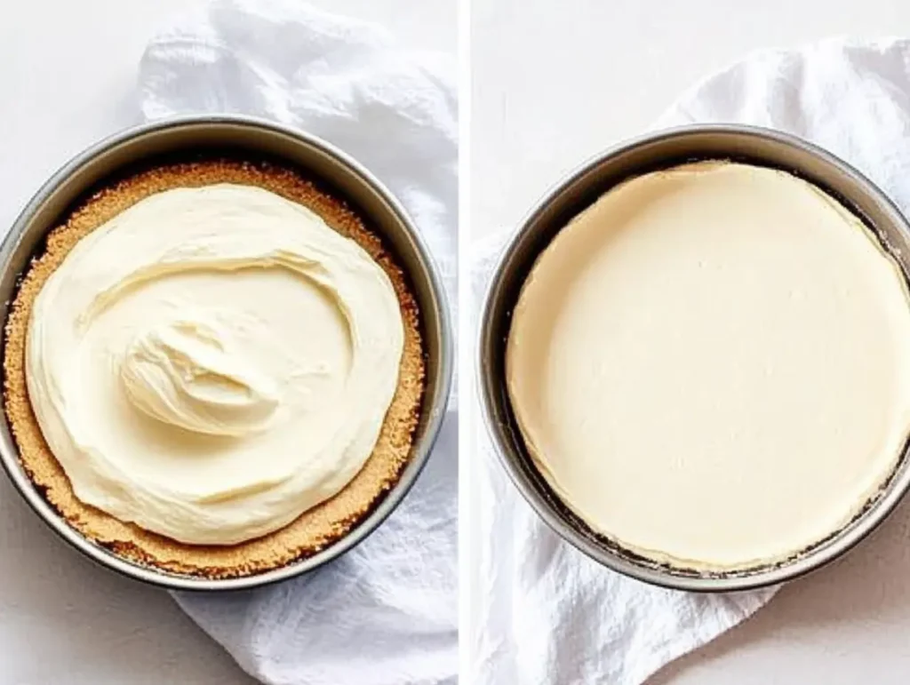 A cheesecake in a springform pan, with batter freshly spread on the left and fully smoothed on the right, placed on a white cloth.