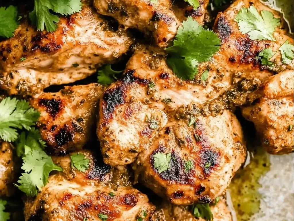 Close-up of smoky grilled chicken with red pepper marinade and char marks.