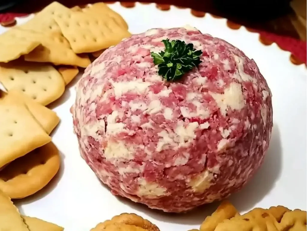 A classic chipped beef cheese ball garnished with fresh parsley, served on a white plate surrounded by crackers for dipping.