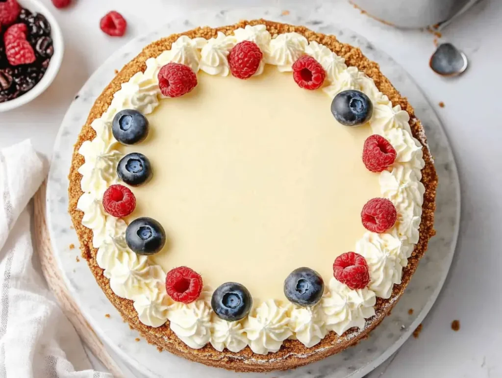 A beautifully decorated cheesecake topped with whipped cream, raspberries, and blueberries, placed on a marble board with scattered berries in the background.