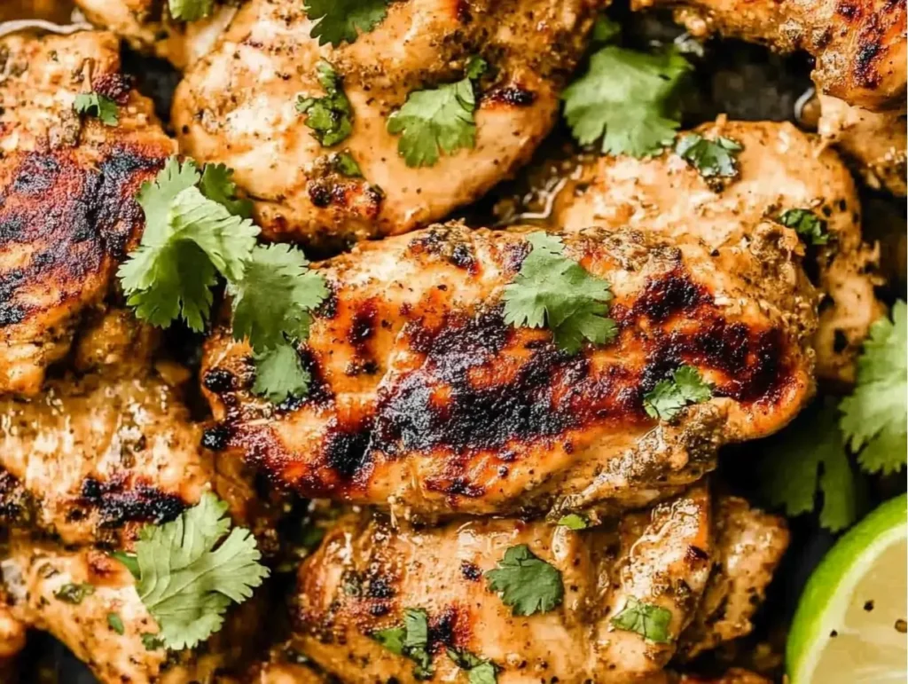 Tex-Mex grilled chicken with red pepper marinade, garnished with cilantro and lime