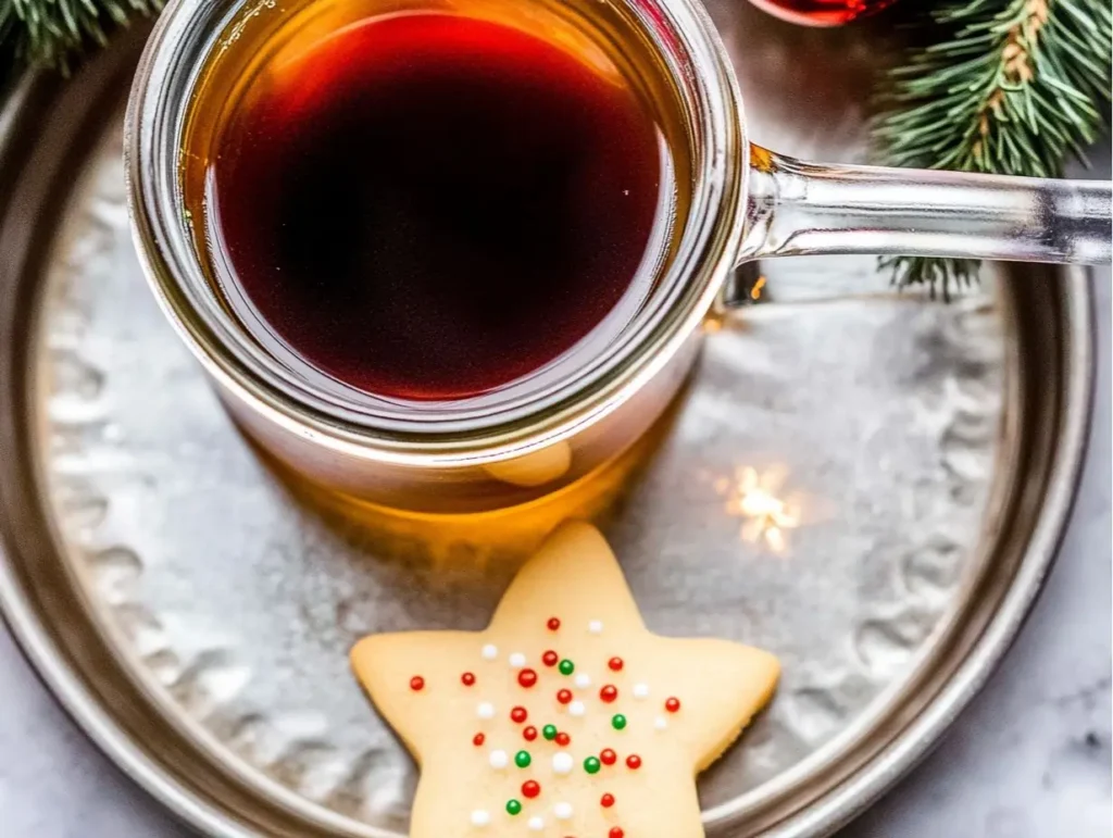 A mason jar of sugar cookie syrup with a festive cookie on a tray.