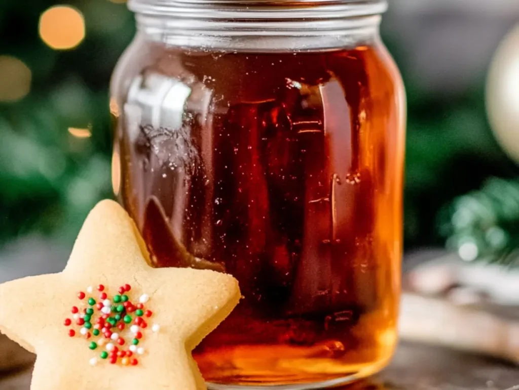 A mason jar of sugar cookie syrup with a star-shaped cookie.