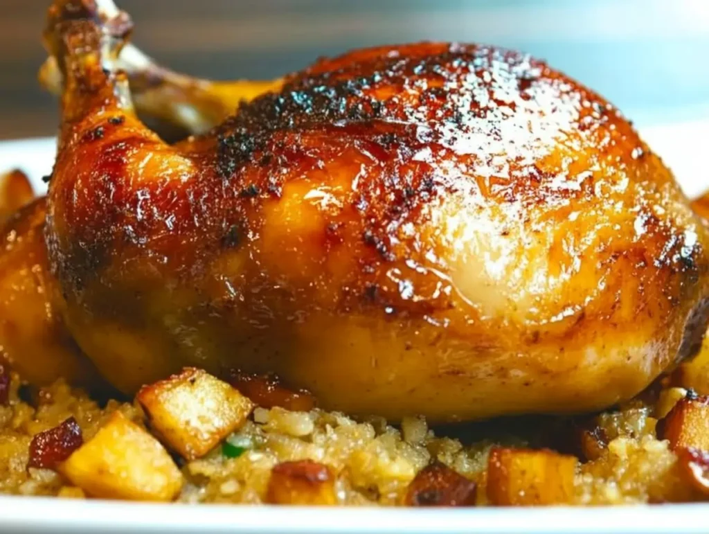 Crispy, golden-brown apple-glazed chicken with caramelized apple chunks on a white plate.
