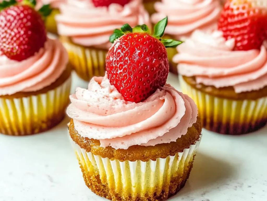 Strawberry cheesecake cupcakes with a golden crust, swirled pink frosting, and fresh strawberries on top, beautifully arranged on a white surface.
