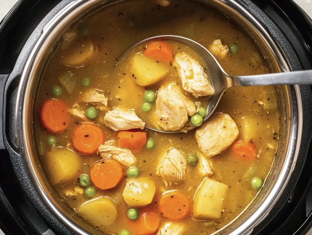 Instant Pot filled with chicken stew, featuring chunks of chicken, baby potatoes, carrots, and peas in a golden broth, with a ladle scooping a portion.