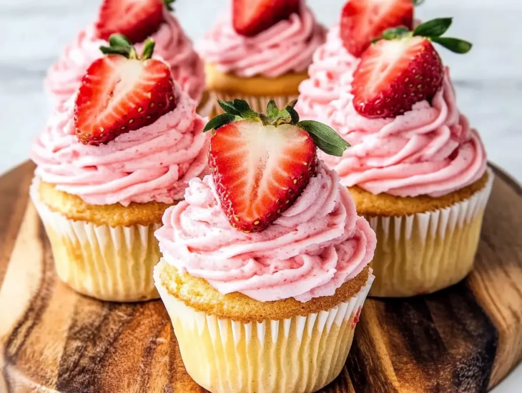 Strawberry cheesecake cupcakes with fluffy pink frosting, topped with fresh strawberry halves, arranged on a wooden serving board.