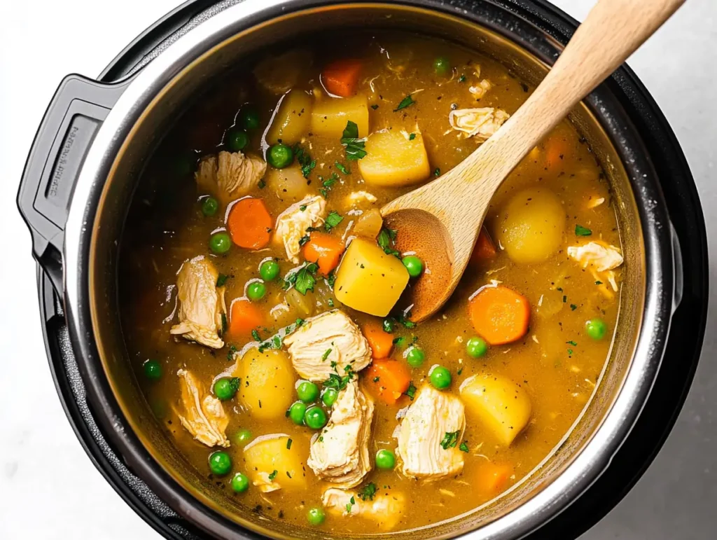 Instant Pot filled with chicken stew, featuring chunks of chicken, baby potatoes, carrots, peas, and fresh parsley, with a wooden spoon stirring the broth.

