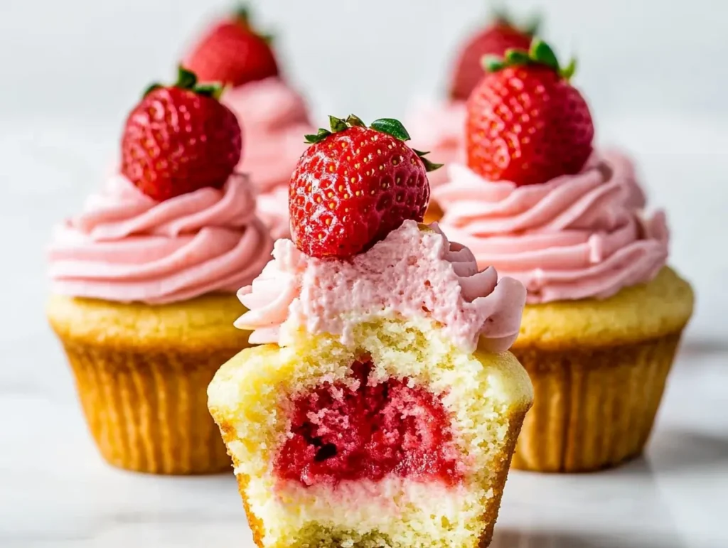 Strawberry cheesecake cupcakes with creamy pink frosting, fresh strawberries on top, and a delicious strawberry-filled center.