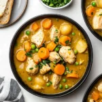 Bowl of Instant Pot Chicken Stew with chunks of chicken, carrots, baby potatoes, peas, and parsley, served with bread on a white background.