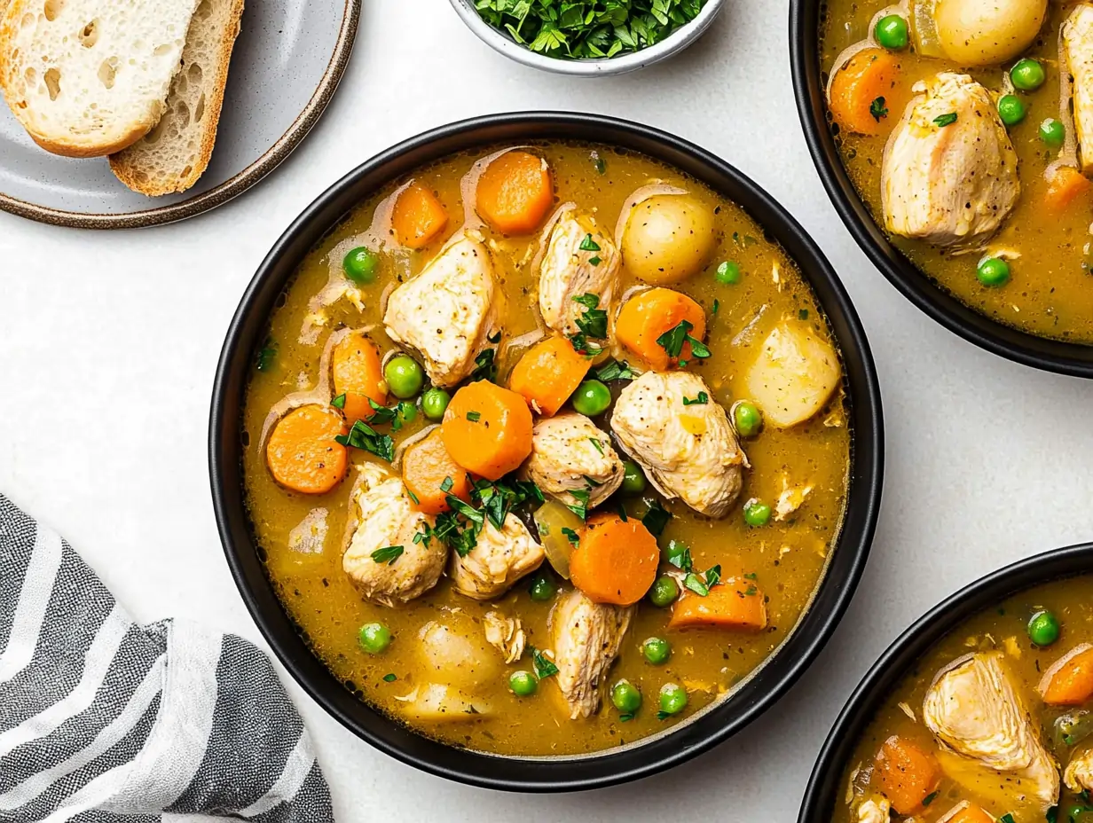 Bowl of Instant Pot Chicken Stew with chunks of chicken, carrots, baby potatoes, peas, and parsley, served with bread on a white background.