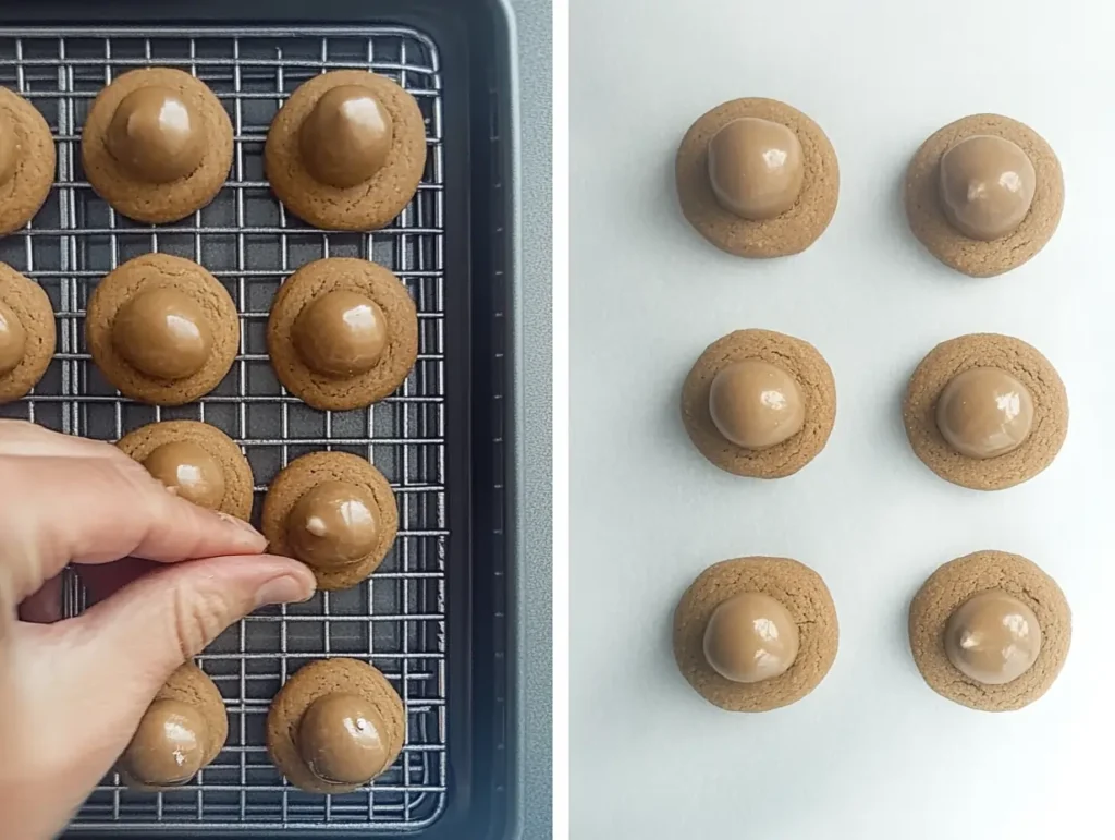 Hand pressing a chocolate candy into freshly baked cookies on a cooling rack, with a second image showing finished cookies on parchment paper.