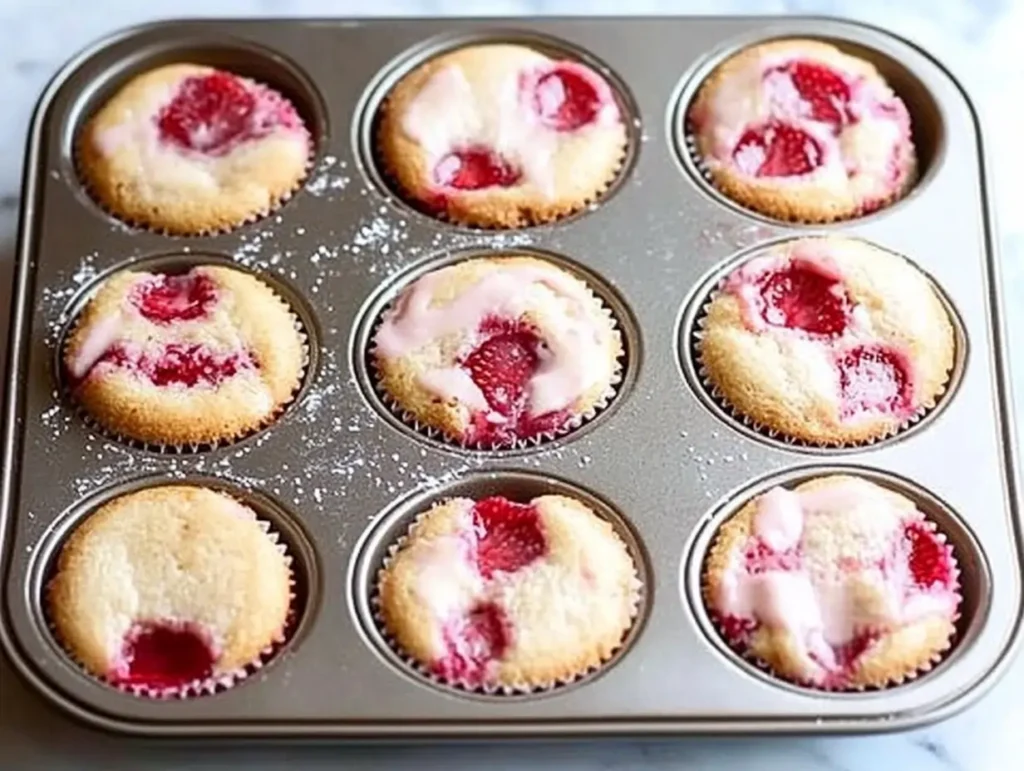 Freshly baked strawberry cheesecake cupcakes in a muffin tin, featuring golden tops with melted cheesecake filling and fresh strawberry pieces.
