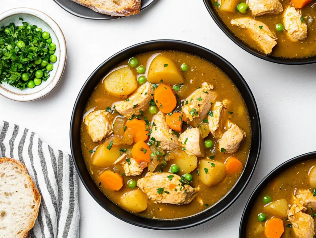 Bowls of Instant Pot Chicken Stew with chunks of chicken, baby potatoes, carrots, peas, and parsley, served with bread and a side of fresh herbs.