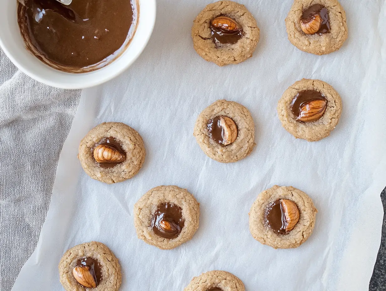 Freshly baked chestnut flour thumbprint cookies filled with melted chocolate and topped with whole almonds, resting on parchment paper with a bowl of chocolate in the background.