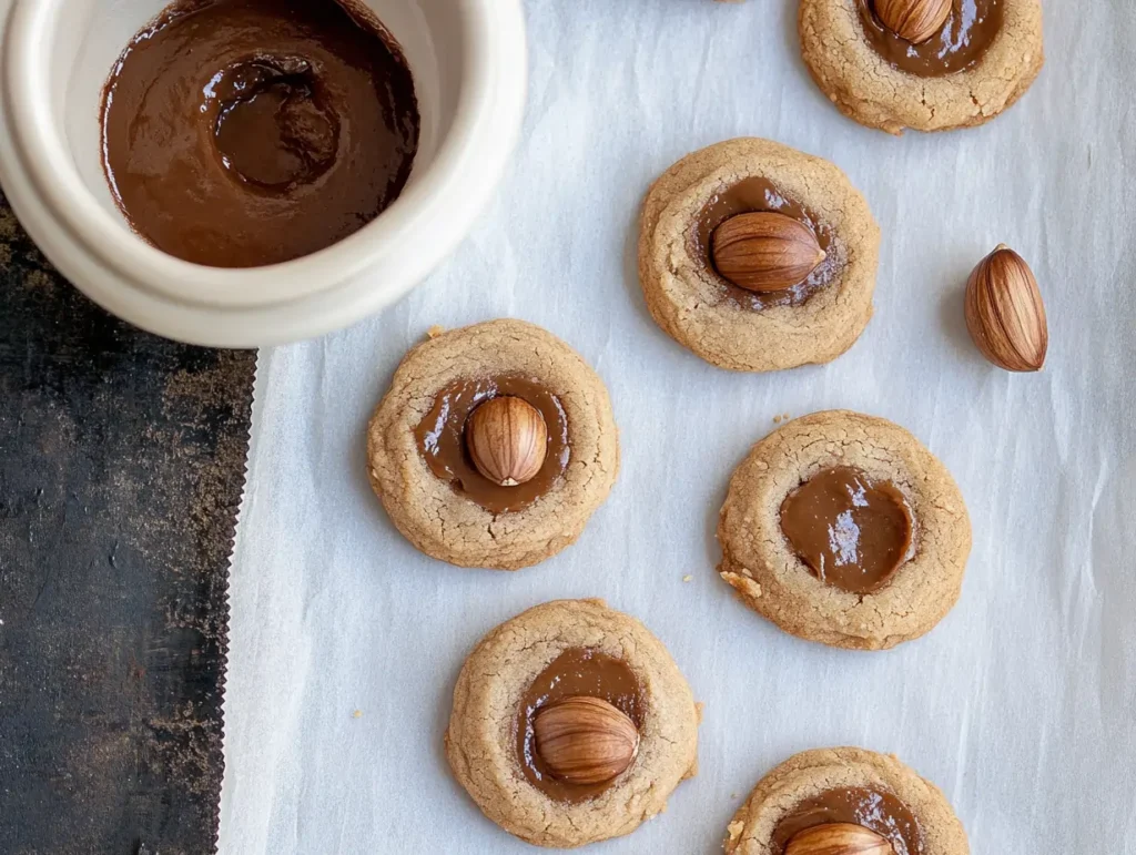 Freshly baked chestnut flour thumbprint cookies filled with melted chocolate and topped with whole almonds, placed on parchment paper with a bowl of chocolate nearby.