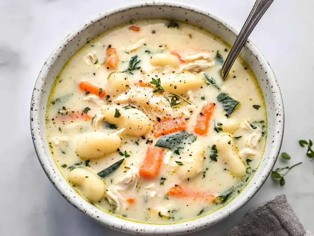 Warm and comforting creamy chicken and gnocchi soup served in a white bowl with a spoon, perfect for a cozy meal.
