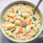 Warm and comforting creamy chicken and gnocchi soup served in a white bowl with a spoon, perfect for a cozy meal.