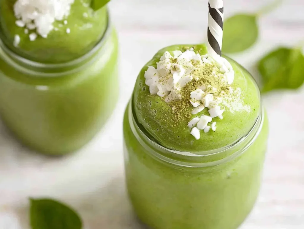 Thick matcha green tea smoothie in mason jars, topped with shredded coconut and matcha powder, with a black-and-white striped straw.